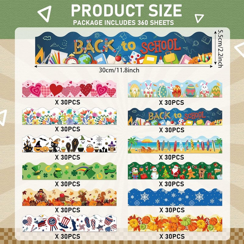 Geyee 360 Pcs Christmas Bulletin Board Borders Decorations Fall Thanksgiving Christmas Holiday Spring Easter Valentine Classroom Borders Bulletin Board Trim for Classroom School, 12 Design(Stylish) - Image 2